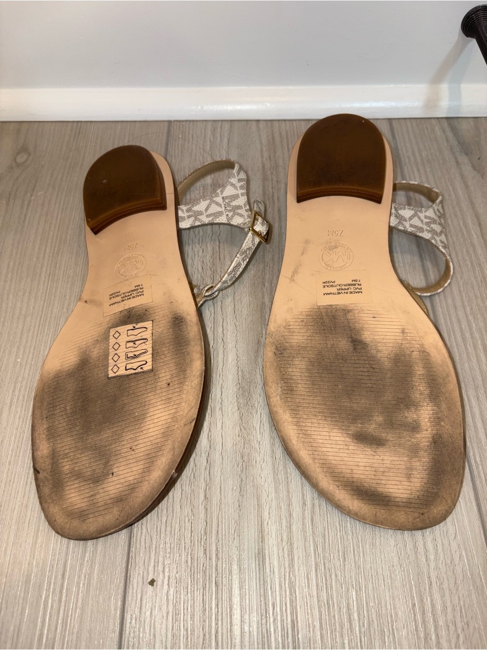 MICHAEL Michael Kors Beige Logo T-Strap Sandals with Gold MK Medallion - Picture 3 of 3